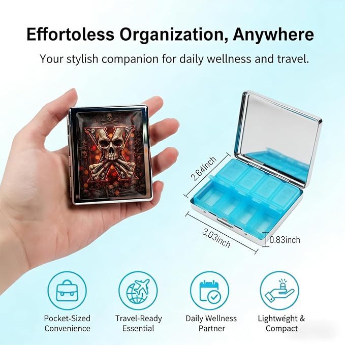 Weekly Pill Organizer, Metal Pill Box with 8 Compartments, Small Travel Pill Case for Purse Pocket, Medicine Vitamin Supplement Organizer (Blood Skull X)