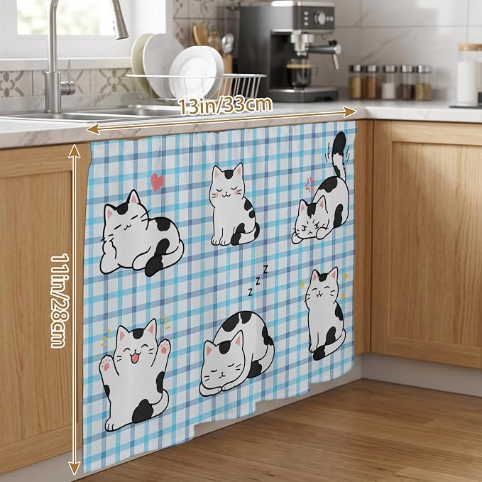 Cute Cat Sink Skirt 11"Wx13"L,Dustproof Under Sink Curtain with Self Adhesive Tape,Modern Playful Pet Cats Blue Purple Plaid Cabinet Curtain Cover for Bathroom Vanity,RV,Kitchen Cabinet Storage Shelf