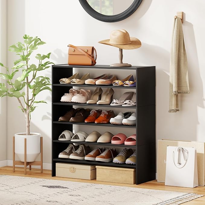 COSTWAY 6-Tier Shoe Rack, Extra Wide Shoe Shelf Organizer | Stackable Design, 31" Freestanding Adjustable Storage Shoe Stand for Small Space Entryway Hallway Closet (2,Black)