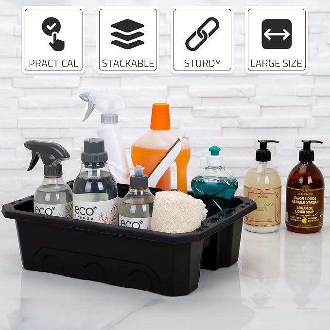 CANOPUS Storage Tray Tote with Functional Holes - 2 PCs Plastic Cleaning Caddy with Handle, Portable Caddy, Undersink Storage for Kitchen, Shoe Cleaning Box, Products Organizer, Black
