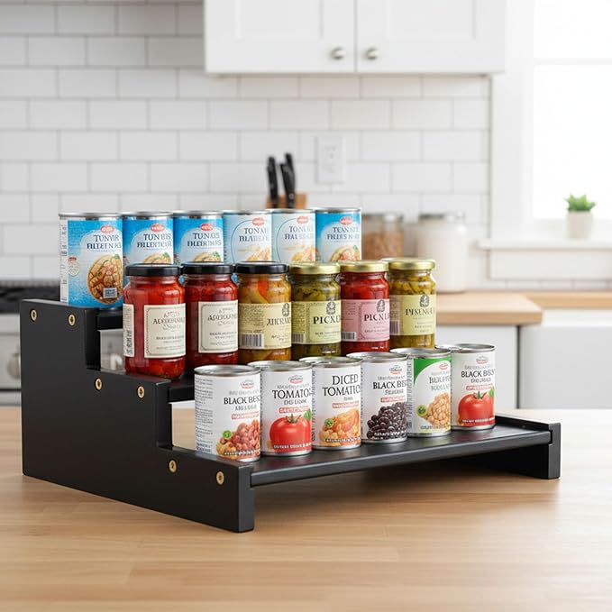 Black Bamboo Can Organizer for Pantry, 3-Tier Countertop Storage Rack for Canned Food, Soda, Soup and Pet Food, Tiered Cabinet Shelf Display