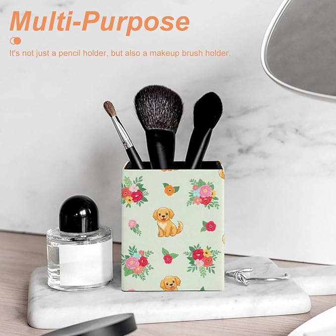PU Leather Pencils Holder Organizer Case Golden Retriever Floral Dogs Desktop Pencil Cup Holder Stationery Container Box Office Makeup Brush Organization