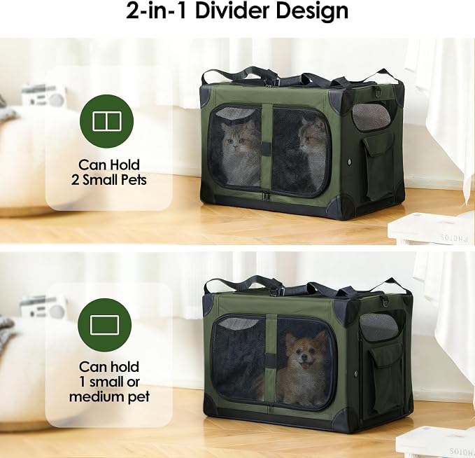 Extra Large 2-Cat Foldable Pet Travel Carrier,24"x17"x17",Green | Removable Divider, Metal Frame Support, Breathable Mesh Panels, With Storage Tote & Padded Straps