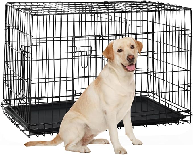 36 Inch Large Dog Crate, Heavy Duty Dog Crates for Large Dogs, Metal Wire Folding Dog Cage with Removable Trays, Locks, Double-Door, Divider Panel, Handle, Puppy Crate Pet Crate (36 in, Black)