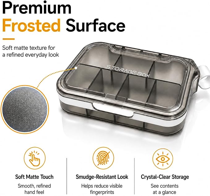 Small Pill Case with Handle, Travel Pill Organizer, Pocket Medicine Box | 7 Compartments Compact Pill Box for Fish Oil Vitamins Supplements Daily Medications, Purse Backpack Office