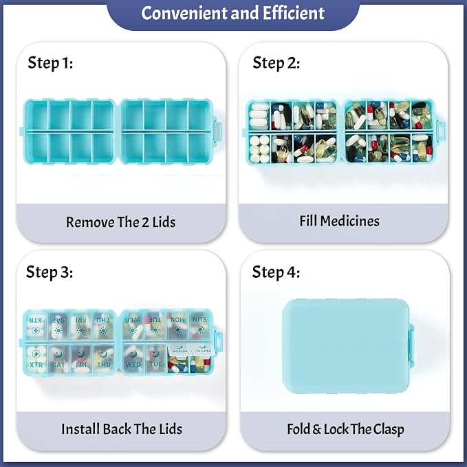 Foldable Weekly Pill Organizer 2 Times a Day with 2 Extra Compartments - Etched Labels - Portable 7 Day AM PM Medicine Box, Week Daily Travel Pill Case Holder for Vitamin, Supplement -Sky Blue