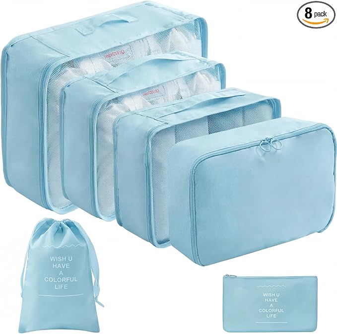 LANSKLBD 6/8 Set Packing Cubes for Suitcases Travel Luggage Packing Organizers,Travel Accessories Essentials Luggage Organizer with Shoe/Tioletry/Laundry Bag (Light Blue, 6 set)