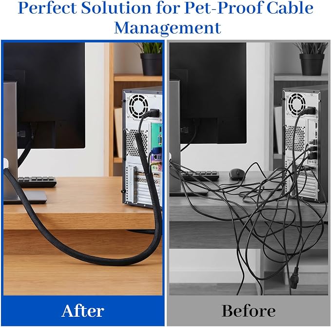 Cord Protectors from Pets No Chew 16ft - 5/16 Inch Wire Protector for Cats Cable Management Cable Sleeve Cable Organizer Cord Cover for Computer Electric Wires Phone Charging Cables Black