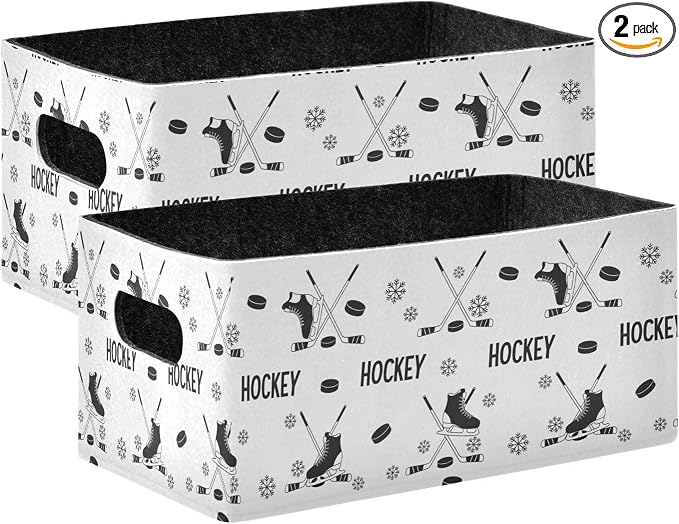Emelivor Ice Hockey Black Storage Basket Bins Set (2pcs) Felt Foldable Storage Bins with Fabric Rectangle Basket for Organizing for Organizer, Closet, Shelves, Office