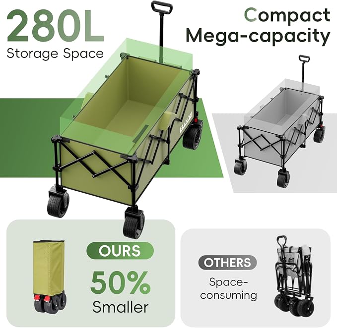 46" L Collapsible Foldable Extended Wagon, 500LB Weight Capacity with 280L Heavy Duty Folding Cart,Utility Wagon with All-Terrain Beach Wheel & Drink Holders,Green