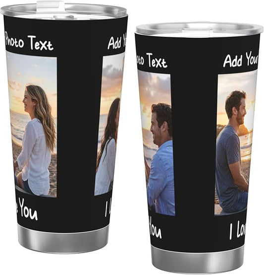 Personalized Stainless Steel Tumbler with Photo Logo Text Name, Custom 20 Oz Coffee Mug for Christmas Anniversary Birthday, Customize Travel Car Thermos Cup for Family Friends