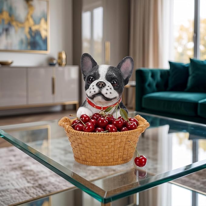 Cute French Bulldog Candy Bowl, Resin Dog Figurine Key Bowl for Entryway Table, Desktop Storage Basket Organizer for Desk, Unique Dog Lover Gift