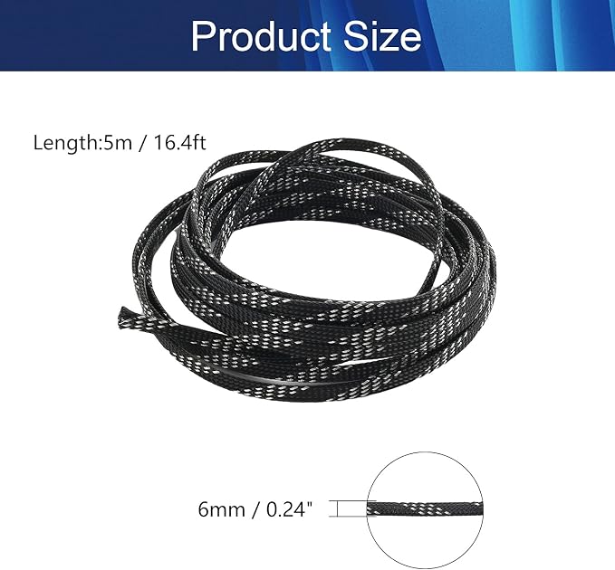 Jutagoss PET Expandable Braided Cable Sleeve, 16.4ft - 1/4 inch Black Silver Cable Management Sleeve, Wire Loom Tube Cord Protector for USB Cable, Power Cord, Audio Video and More, 1Pc