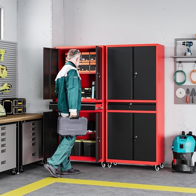 Metal Garage Storage Cabinet with Wheels,Rolling Tool Cabinet with Adjustable Shelves and Drawer for Garage Home Utility Room (Red)