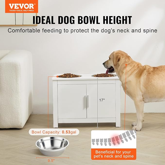 VEVOR Elevated Pet Bowls with Storage Cabinet, Feeding Station with 2 Raised Bowls, Wooden Stand with Handles & Magnetic Doors, Pet Feeder & Toy Organizer, White