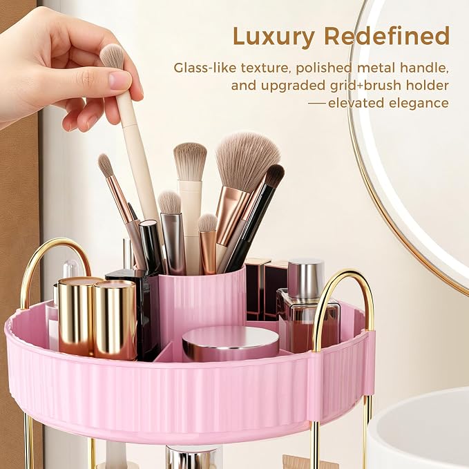 360° Rotating Makeup Organizer, Upgraded 3 Tier Skincare Perfume Organizers for Women, Bathroom Organizer Countertop, Clear Cosmetic Dresser Organizer with Makeup Brush Holder, Sink&Counter(Pink)