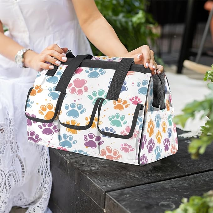 Cat Dog Paw Print Tool Bags for Men Women Multi-Pockets Wide Mouth Tool Organizer Storage Tote Bag Waterproof Stroage Bags with Adjustabe Shoulder Straper for Car Electrician Garden