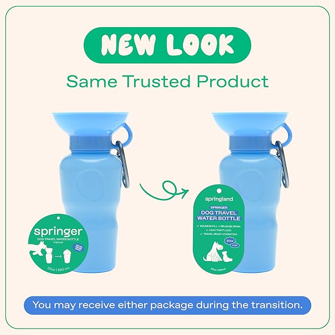 Springer Dog Water Bottle | Portable Travel Drinking Feeder Dispenser for Dogs & Puppies | As Seen on Shark Tank | Leak-Proof Bowl | BPA-Free | Outdoor Walking, Hiking & Travel | 22oz Blue