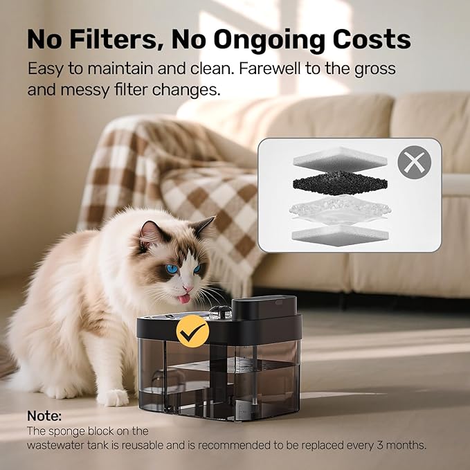 Cat Water Fountain, Wastewater Separation & No Filter Cotton, Pet Water Dispenser with 101oz/3L Large Capacity Tank, Wireless Automatic Water Fountains for Cats Indoor Cat Watering Supplies