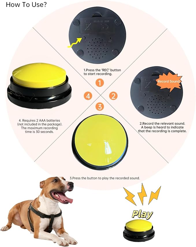 Dog Buttons for Communication Voice Recording Buttons for Classroom and Pet Training 30-Second Record & Playback Dog Buttons for Study, Office, Family, and Kids (Yellow, one)