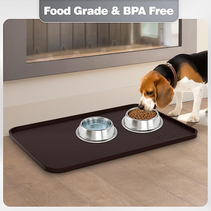 Silicone Dog Food Mat, Waterproof Anti-Slip Pet Feeding Mat with Warped Resistant Raised Edge,Spill-Proof Lip Floor Protection,Dishwasher-Safe Pet Placemat for Dogs & Cats(L 24" x 16" Brown)