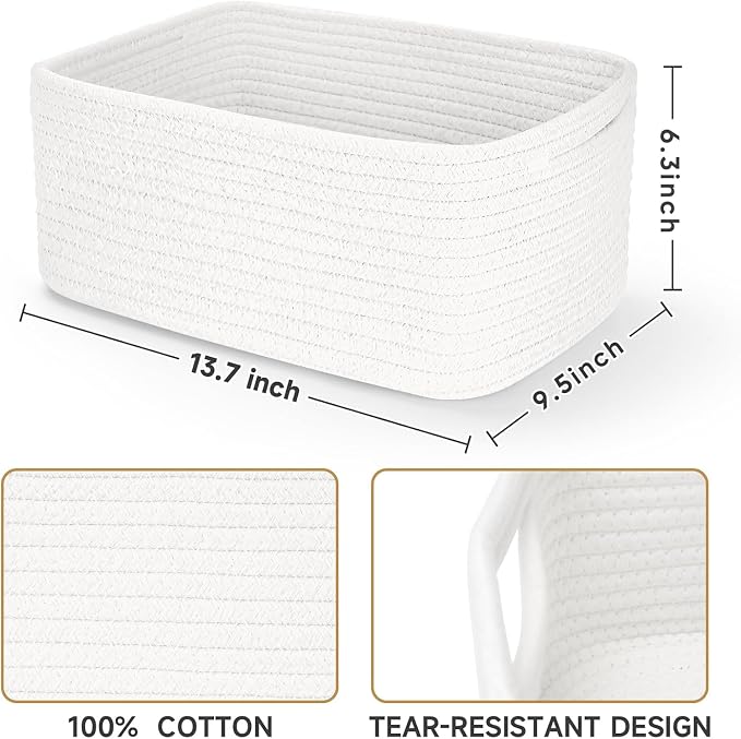 3 Pack Storage Baskets for Organizing, 13.7×9.5×6.3", White | Woven Baskets for Shelves, Cotton Rope Basket for Gifts Empty, Closet Organizer Bins with Handles, Cube Decorative Box