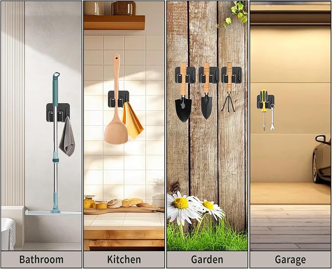 Broom Holder Wall Mount,Mop and Broom Holder Wall Mount Command | 3pcs Garden Tool Organizer,304 Stainless (Black)