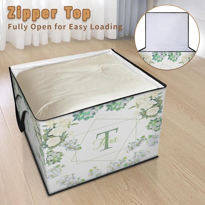 Personalized Name Foldable Storage Basket Cubes with Lid, Laundy Hamper Dirty Clothes Pet Toys Storage Bin with Handles for Shelf Home Closet Kitchen, Off White Gardenia Floral
