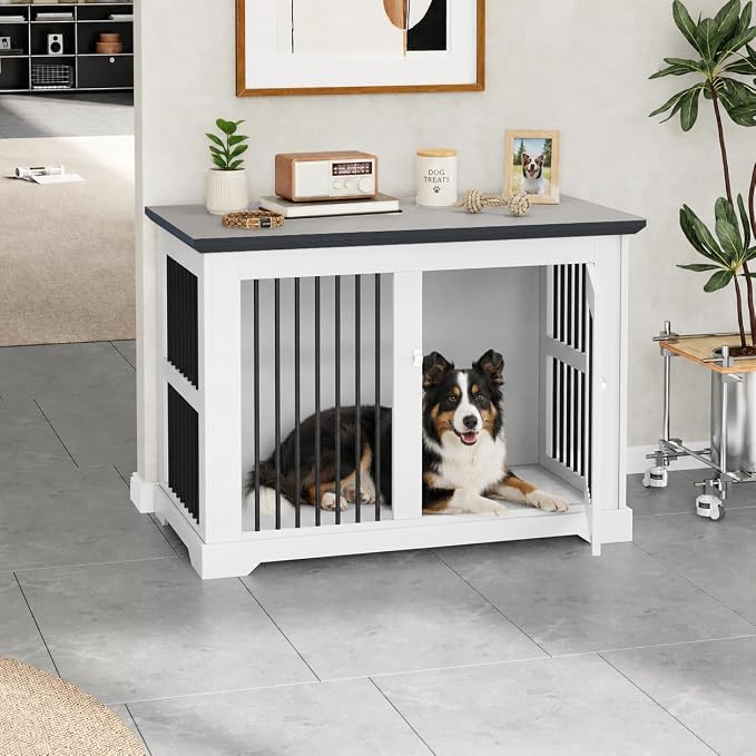 44" Wooden Dog Crate Furniture,Large Kennel Pet Cage End Table for Indoor | for XXL XL Medium Dogs, White and Grey, Fits Living Room Bedroom, Heavy Duty Steel Frame with Lock 100 lbs Cap, 100 lbs Top.