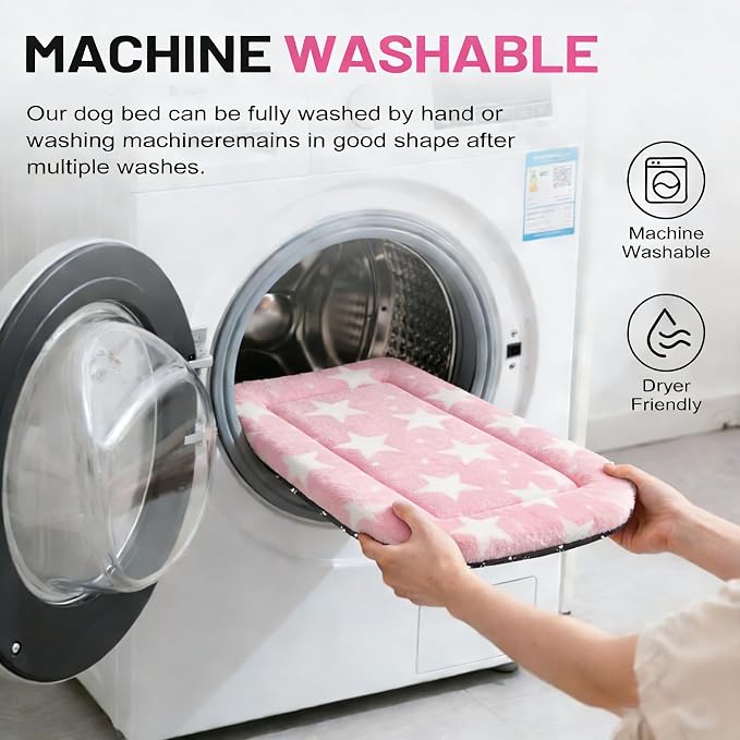 Dog Bed Mat, Reversible Crate Pad & Durable Dog Bed - Machine Washable Kennel Mat with Ultra Soft for Medium Dogs (Big&Small Stars Pink, 30" L*20" W*1.5" Th)