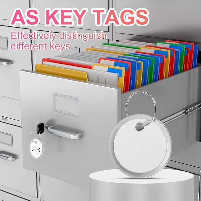 PATIKIL 1.2 Inch Metal Rim Key Tags 25 Pack Blank Round Paper Tags Bulk Writable Keychain Identifiers with Split Rings for Car Door Drawer Key Luggage Pet, White