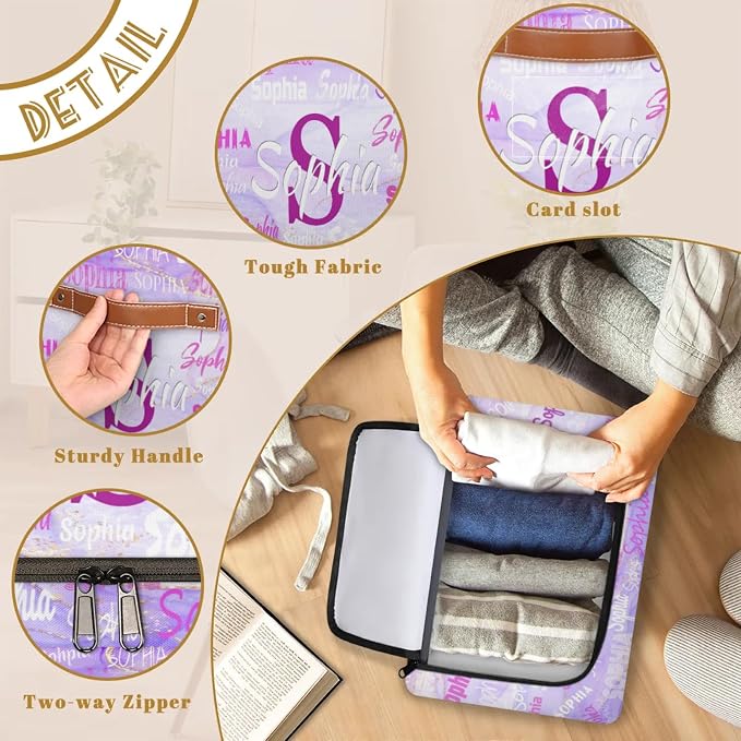 Custom Rectangle Storage Basket Zipper Lid, Personalized Name Organizer Bin for Pet/Children Toys, Books, Clothes, Perfect for Rooms/Playroom, Light Purple Marble Texture