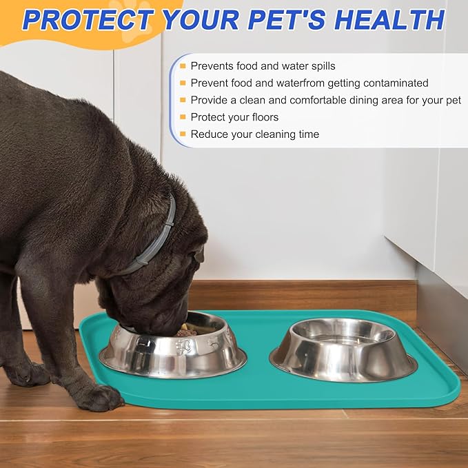 SMILOOL Silicone Pet Feeding Mat with Raised Edge for Food and Water, Dog Bowl Mats, Cat Bowls Placemat with High Lip for Floor Waterproof, Rubber Tray for Cats and Dogs 19 x 12 x0.7 Dark Turquoise