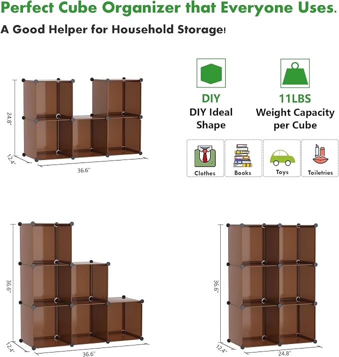 C&AHOME 6-Cube Storage Organizer Cube Shelf Closet Storage Bookcase, Brown | Stackable Cubby Storage, Bookshelf, Portable Plastic Storage Closet Organizer, DIY Modular Shelving Units for Home, Wardrobe