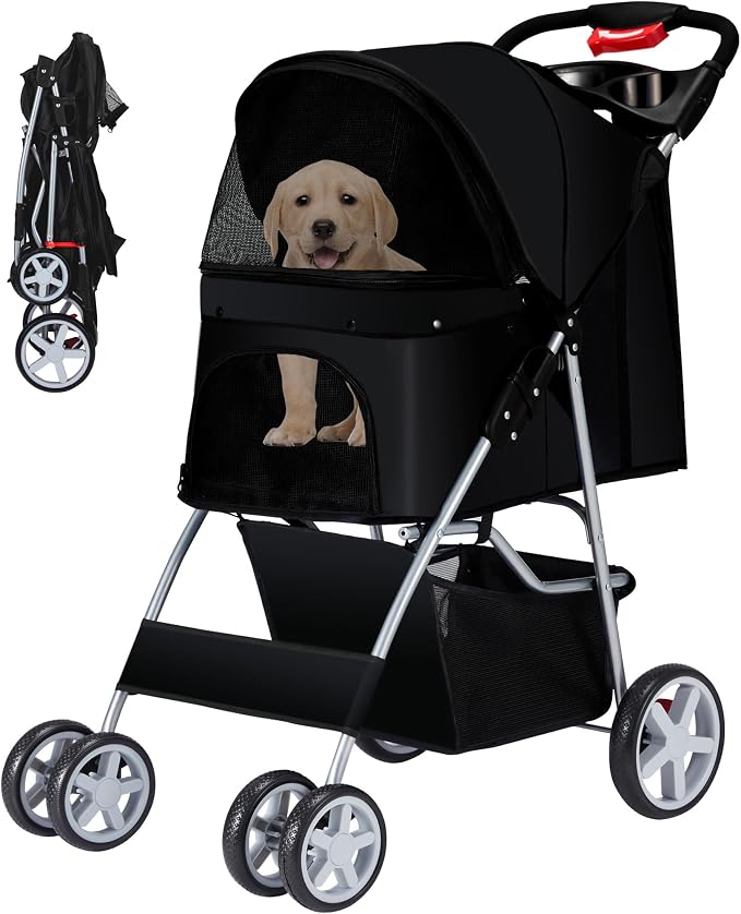 Foldable Pet Stroller 4 Wheels for Small Medium Dogs Cats,Black | Small/medium dogs,cats. Breathable Storage& cup holder.Lightweight,portable,all-season for smooth strolls
