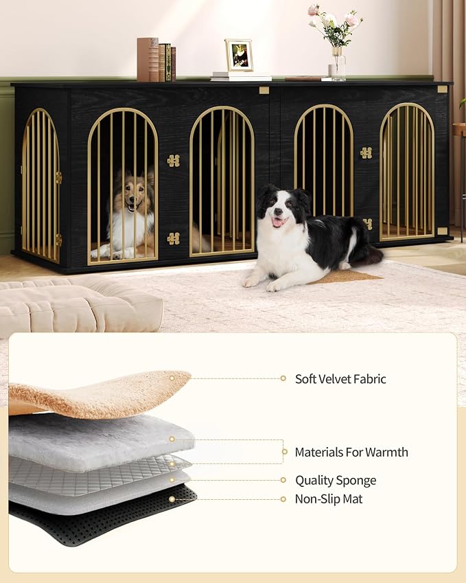 Hzuaneri 86.6" Double Dog Crate Furniture, Dog Kennel Indoor with Cushion | Heavy Duty Dog Crate Furniture for 2 Dogs,Dog Cage End Table TV Stand with Divider for Med-Large Dogs,Black Gold DFC84004AV1