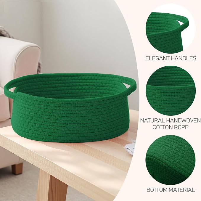 JMvicyroam Small Woven Basket, Empty Gift Basket, Green/2 Pack | Small Gift Basket, Cotton Rope, 12 x 8 x 19 in, Handles, Includes Ribbon and Bag, Birthday Gift Basket
