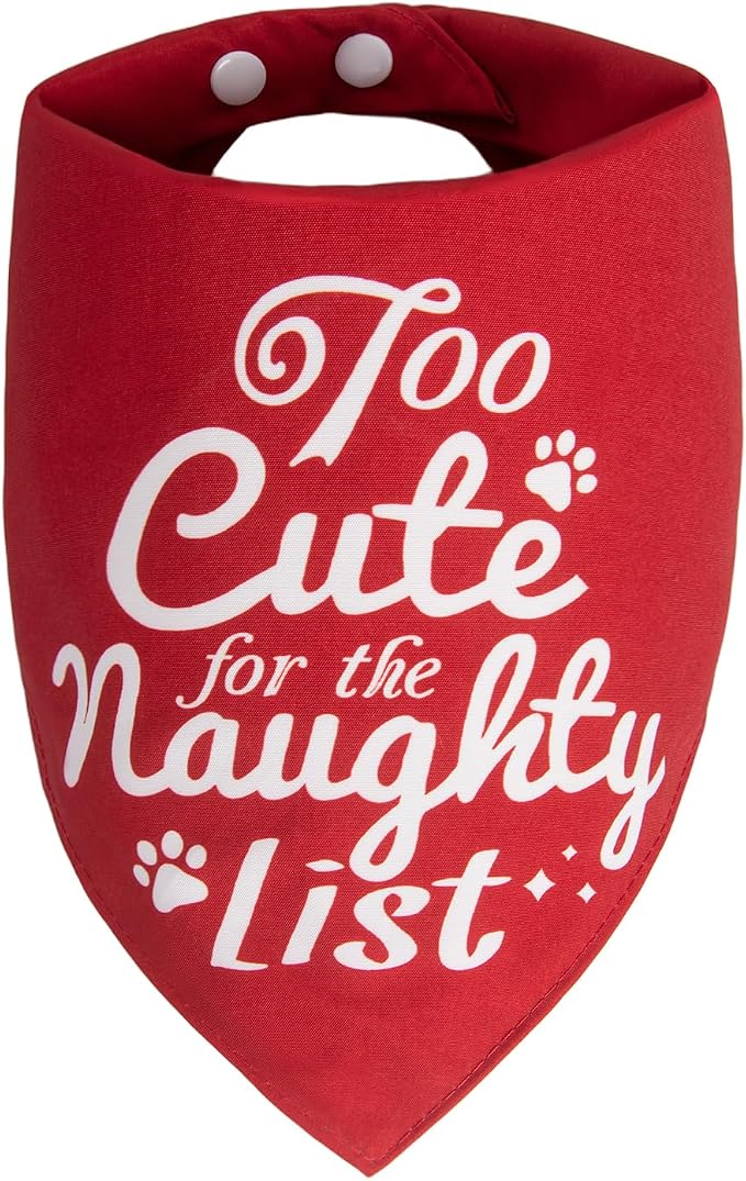 Christmas Dog Bandanas - Too Cute for the Naughty List, Naughty & Nice Idea Funny Holiday Stocking Pet Scarf Gifts Solid Red, Small & Medium Breed, 5-25lbs