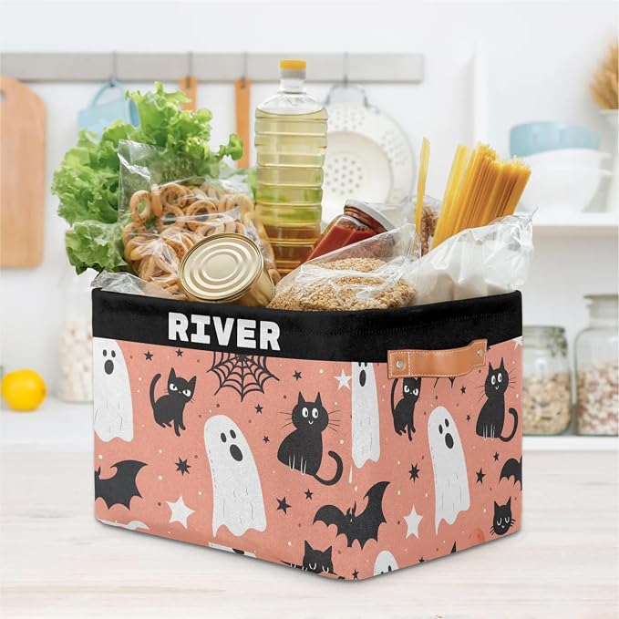 Personalized Dino Storage Basket with Name, Rectangle Toys Storage Bin with Handles for Baby Girls, Collapsible Basket for Clothes, Books, Halloween Spider Wed Ghost Cat Bat