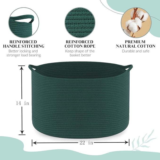 Maliton Woven Rope Blanket Basket Living Room, Storage Basket for Toy, 90L | 22"x14" Cotton Rope Basket. Holds Blankets, Toys & Towels & Laundry. For Bedroom, Nursery, Bath & Playroom. Soft & Durable
