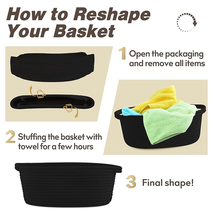 Pro Goleem Small Woven Basket with Gift Bags and Ribbons Durable Baskets for Gifts Empty Small Rope Basket for Storage 12"X 8" X 5" Baby Toy Basket with Handles, Black