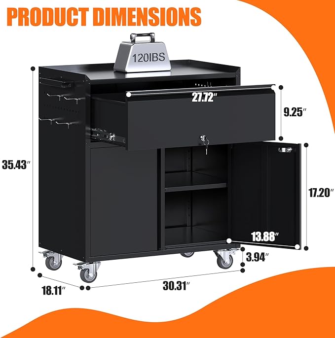 Metal Garage Storage Cabinet with Wheels, Rolling Tool Cabinet with Adjustable Shelf, 1 Drawer and 2 Doors for Tools, Garage,Workshop, Black, Assembly Required