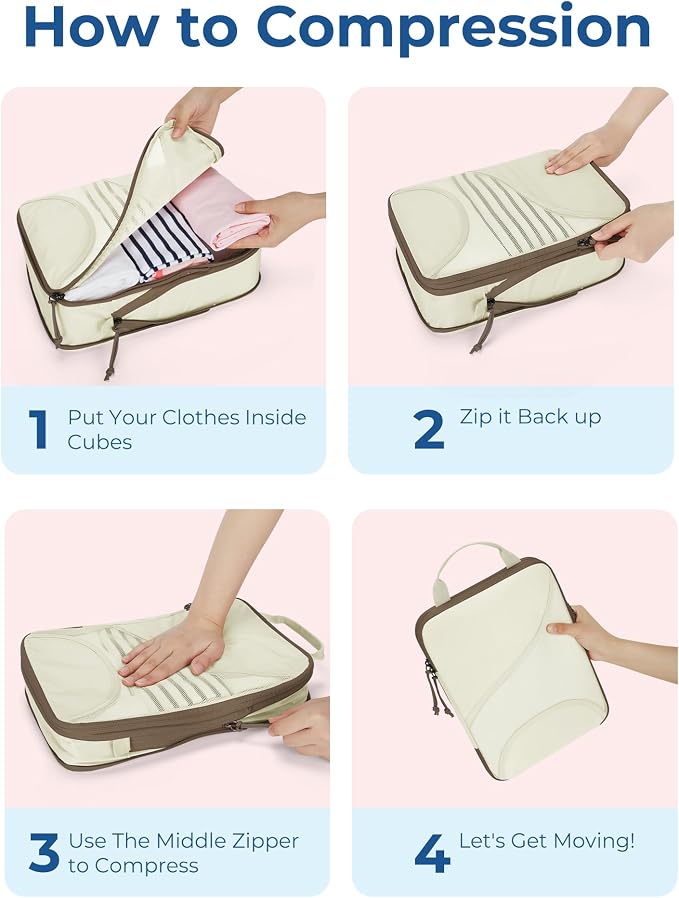 Bagsmart Compression Packing Cubes, Travel Bag Cruise Ship Essentials | Lightweight, Compressible Suitcase Organizer Set fit Standard Carry-On & Checked Luggage, 6 Set, 14 Set Washable Packing Bags