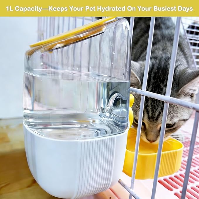 Rabbit Water Bottle, 34oz Pet Hanging Water Dispenser, Cat Water Feeder for Small Animal Ferret Guinea Pig Chinchilla Small Dog Cage Grid Spacing 1.2''-2.1''(Yellow)