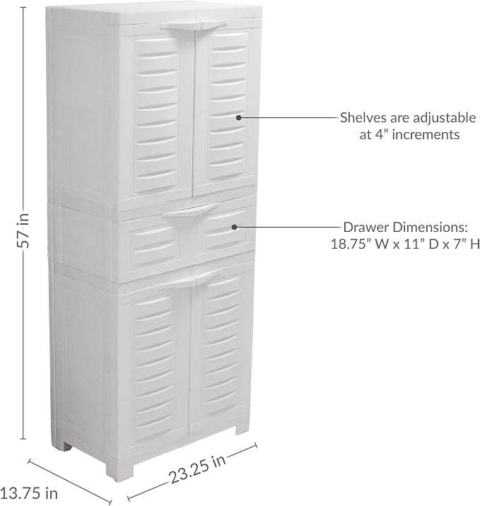 Sunnydaze 57" Garage Storage Cabinet with Doors & Shelves, Speckled White | Heavy Duty Resin Storage Cabinet Resists Rust & Peeling, Utility Cabinet with Drawer & Anti-Tip Kit for Laundry, Office