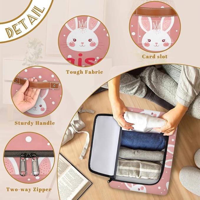 Custom Cute Rabbits Storage-Bin With Zipper Lid for Kids-Girls-Boys-Baby-Pet,Personalized Name Foldable Storage Box with Handle,Baby Basket With Label for Bedroom Nursery Toy Clothes,Pink