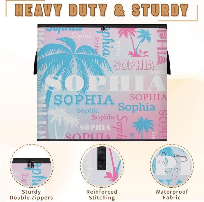 Personalized Name Foldable Storage Basket Cubes with Lid, Clothes Pet Toys Storage Bin with Handles for Shelf Home Closet Kitchen, Light Blue White Palm Trees Light Pink White Background
