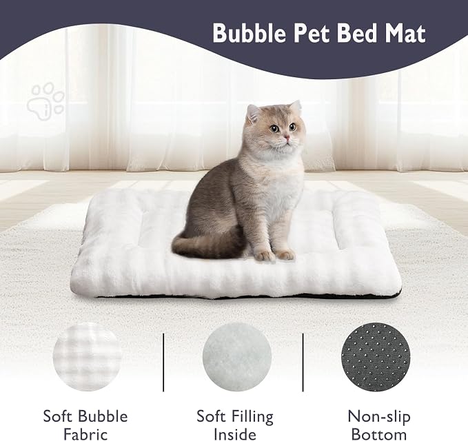 Pet Bed Mat Crate Pad for Cats Small Dogs, Cream White, 24"x 18" | Washable Soft Pet Sleeping Mat, Puppy Cat Kitten Cushion with 3D Bubble Pattern