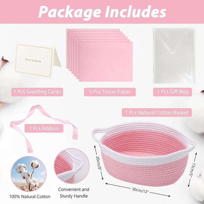 woric Baby Gifts Basket 12 x 8 x 5 in Small Woven Basket Rope Baskets | Soft Cotton for Wedding Gifts Empty Baby Shower Toy Storage Girls Birthday (Pink with Gift Bag Card Ribbon Tissue Paper)