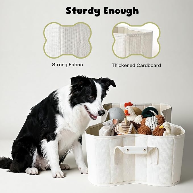 39L Dog Toy Basket, Collapsible Dog Bone Baskets for Toys, Dogs Storage Organizer with PU Handles, Pet Toys Basket with Bone Shape Design, Toy Baskets for Dogs, Gray, 22" x 14.4" x 7.5", Beige